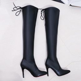 Boots 2021 Winter Over The Knee Women Stretch High Heel Slip On Shoes Pointed Toe Woman Long Faux Suede Thigh Booties