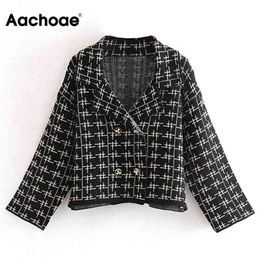 Aachoae Elegant Plaid Knitted Tops Lady Batwing Sleeve Loose Cardigan Sweater Women Double Breasted Vintage Sweaters Pull Femme 210413