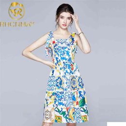 Fashion Runway Summer Dress Women's Bow Spaghetti Strap Backless Blue and White Porcelain Floral Print Mini 210506