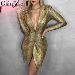 Glamaker Gold snake print sexy v-neck short dress Bodycon elegant buttons mini blazer dress Female 2020 night party club dress X0521