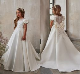 Princess Satin Flower Girl Dresses For Wedding Seuquined Lace Ruched Short Sleeves Elegant Bow Sweep Train A Line Little Girl's Pageant Dress For Kids Toddler CL0014