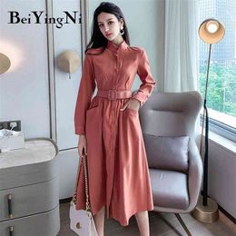 Autumn Winter Woman Dress Vintage Belt Pockets Long Party es Womens Buttons Slim Pure Color Midi Shirt 210506