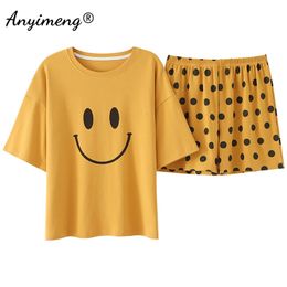 Women Pyjamas 100% Cotton High Quality Sleepwear Yellow Smile Printing Chic Leisure Home Clothing Summer Shorts Pjs for Woman 210330