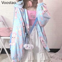 Spring Sweet ita Style Thin Hoodies Girls Loose Cute Cartoon Baby Bear Print Zipper Hooded Sweatshirt Women Kawaii Outerwear X0721