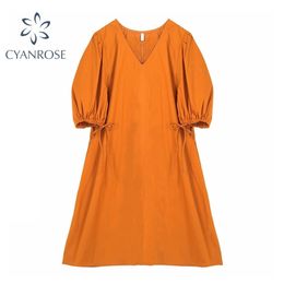 Summer Solid Loose Mini Dress Women Short Sleeve V Neck Elegant Casual Korean Crop Dresses Female Beach Vestidos 210515