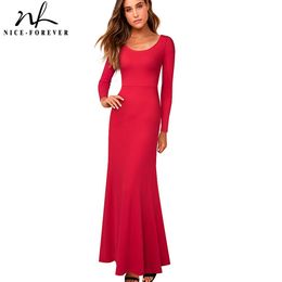 Nice-forever Elegant Pure Color Sexy Backless Long Sleeve Dresses Party Women Flared Long Maxi Dress 113 210419