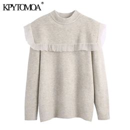 Women Fashion Patchwork Organza Ruffled Knitted Sweater O Neck Long Sleeve Female Pullovers Chic Tops 210420