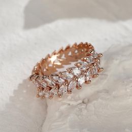 Wedding Rings Exquisite Rose Gold Leaf Ring For Women Double Layer Marquise Cut Zircon Romantic Birthday Anniversary Jewellery Gift