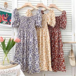 Summer Sweet All-match Floral Print Square Neck Tie Folds Thin Puff Sleeve Dress Women 210507