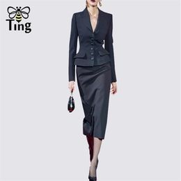 Tingfly Runway Designer Notched Collar Blazer Coat & Bodycon Midi Skirts Women Fashion 2 Pcs Sets Office Work Dress 220302