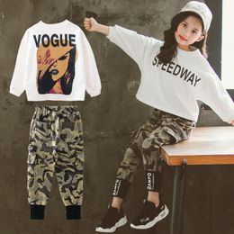 Clothing Sets Girls 2021 Autumn Fashion Long-sleeved T-shirt + Camouflage Pants Clothes 6 8 10 12 Years Teenage