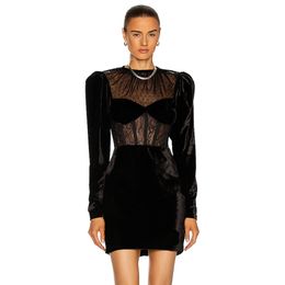 Summer Women Elegant Black Lace Mini Dress Sexy Lady Long Sleeve Velvet Club Celebrity Evening Runway Party 210423