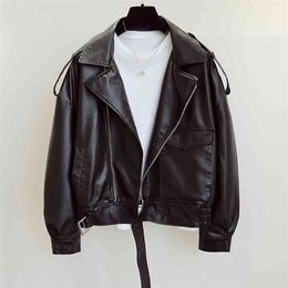 Spring Autumn Female Faux Leather Jacket Short Sashes Loose PU Coat Women Moto Biker Fashion Streetwear 210430
