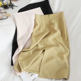 Women PU Leather Skirts High Waist Solid Straight Elegant Split Skirt Midi for Summer 13555 210427