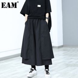 [EAM] High Waist Black Big Size Double Layers Wide Leg Trousers Loose Pants Women Fashion Spring Autumn 1DD6822 21512