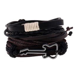 Charm Bracelets Men Bracelet Set 3pcs/lot Retro True Leather Rope Alloy Guitar Homme Friendship Jewellery