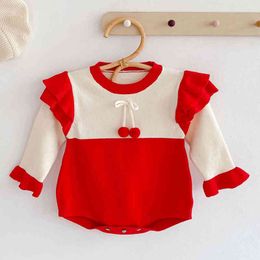 born Infant Baby Girls Cherry Knit Rompers Clothing Spring Autumn Kids Girl Long Sleeve Clothes 210429