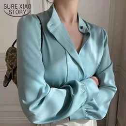 Office Lady Solid Stand Collar Shirts Silk Satin Women Blouse and Tops Plus Size Loose Puff Sleeve Clothing 13221 210415