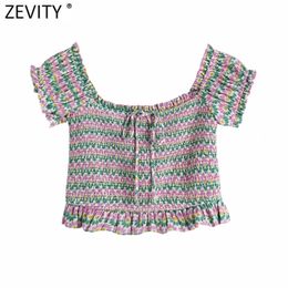 Women Sweet Colour Match Honeycomb Print Elastic Short Shirt Pleat Ruffles Slim Blouse Lady Roupas Femininas Crop Tops LS9183 210420