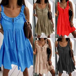 Ruffle Stitching A-Line Pullover Summer Dress Sexy V-Neck Strap Casual Loose Sleeveless Mini es For Women 210517