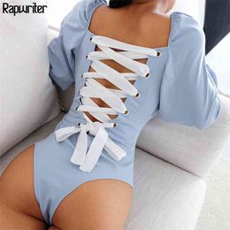Sexy Backless Panelled Lace Up Square Collar Lolita Style Bodysuits Women Long Flare Sleeve Open Crotch Bodysuit 210510