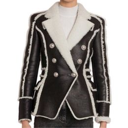 HIGH STREET 2020 Stylish Designer Jacket Women's Double Breasted Lion Buttons Faux Fur Leather Blazer Coat X0721