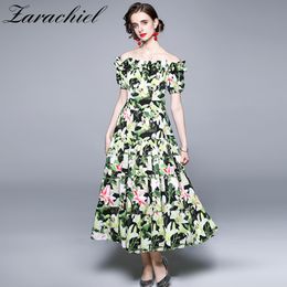 Summer Runway Holiday Boho Long Women's Off The Shoulder Short Puff Sleeve Lily Floral Print Ruffles Beach Dress 210416