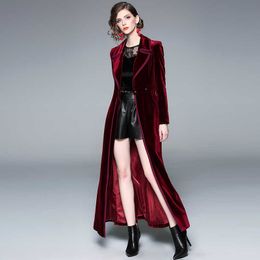 Autumn Winter Windbreaker Women Velvet Trench Coat Long Runway Korean Slim X-Long Thick Outwear 210529