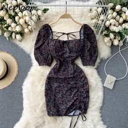 Neploe French Print Temperament Dress Women High Waist Hip Skinny Vestidos Square Collar Short Sleeve Black Robe Summer 210510