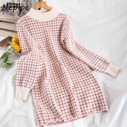 Neploe Casual Chic Plaid Panelled Patchwork Knitted Dress Sweet O-neck Straight Vestidos Simple All-match Women Dresses 1J030 210423