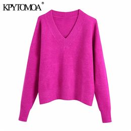 KPYTOMOA Women Fashion Soft Touch Loose Knitted Sweater Vintage V Neck Long Sleeve Female Pullovers Chic Tops 210918