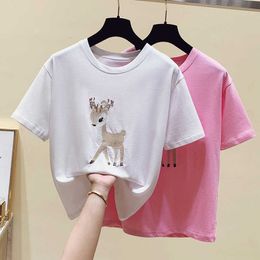 Oversized Embroidery Tees T Shirt Women Kawaii Clothes Pink Short Sleeve T-shirt Summer Tops Loose White Tee Shirt Cotton 210604