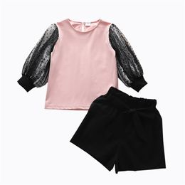 Girls Clothes Set Autumn Korea Style Long Sleeve Mesh Patchwork Top +Short Pants 2Pcs Outfits Toddler 210528