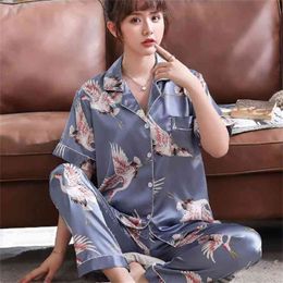 Summer Womens Pajamas Set Sexy Silk Satin Turn-down Collar Nightgown Sleepwear Short Sleeve long Pant Plus Size 4XL 5XL 210830