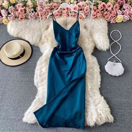 Summer Women Satin Slip Spaghetti Strap Sleeveless Vintage Sexy Silk Slit Party Dress 210415