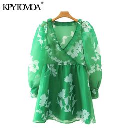 Women Sexy Fashion Transparent Floral Print Ruffled Mini Dress Puff Sleeve With Lining Female Dresses 210420