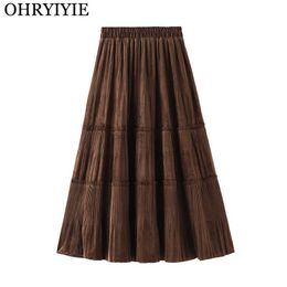 OHRYIYIE Solid Color Female Vintage Long Velvet Pleated Skirt Women Autumn Winter Elegant Fashion Ladies High Waist A line Skirt 210708