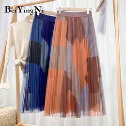 Spell Color Mesh Skirts for Woman Fashion High Quality Lining Korean Vintage Beautiful Midi Pleated Tutu Tulle Skirt 210506