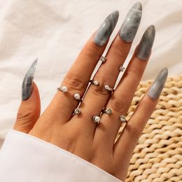 Bohemia Opening Pearl Crystal Rings Set for Women Gothic Sliver Colour Knuckle Rings Jewellery Anillos 5pcs/sets