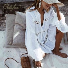 Summer Women Sexy Shirt Long Sleeve White Lace Short Tunic Beach Dress 210415