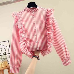 Unique Design Autumn Fashion Women's Ruffles Stripe Long Sleeves Shirt Ladies Shirts Girls Blouse Tops A3726 210428