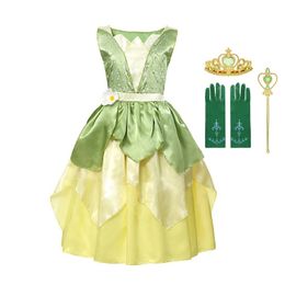 MUABABY Girl Tiana Princess Costume Children Sleeveless The Princess and The Frog Dress Up Halloween Kids Party Dancing Fantasy 210331