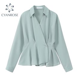 Korean Elegant Blouses And Shirts Women Long Sleeve High Waist Slim Pleated Design V Neck Stylish OL Blusas Mujer Work Tops 210515