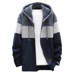 Men's Jackets Comfortable Color Block Zipper Warm Knitted Coat Men Hooded Drawstring For Vacation