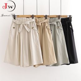 Fashion Summer Korean Style Cotton Wide Leg Pants Women Short Solid Elegant Elastic Waist Bud Flare Shorts Skirts 210510