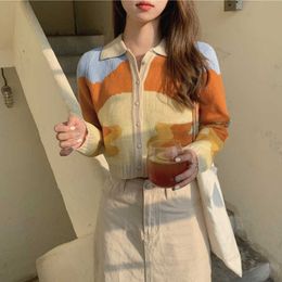 Women Vintage Cardigan Sweater Knitted Chic Single Breasted Loose Sweaters Female Autumn Striped Sunshine Print Y2K Cardigans Y0825