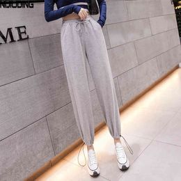 autumn Black Casual ankle length Straight pants Women solid Elastic high Waist lace up Wide Leg Loose Sweatpants 210514