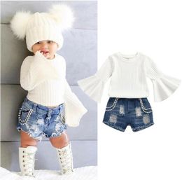Toddler Baby Girl Clothing Sets Solid Colour Flare Long Sleeve Knitted Cotton Tops Ripped Denim Short Pants 2Pcs Outfits Set