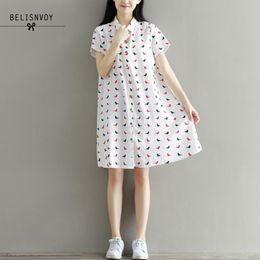 High Quality Short Sleeve Turn-down Collar Dresses Mori Girl Summer Women Casual Lovely Cartoon Printed Shirt 210520