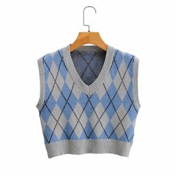 argyle knitted sweater vest women sleeveless v neck casual streetstyle khaki autumn winter blue 210427